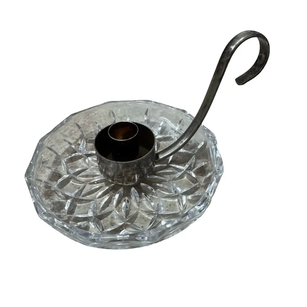 Silver plated Candle Holder 5” Cut Glass‎ Trinket Dish VTG Antique With Handle